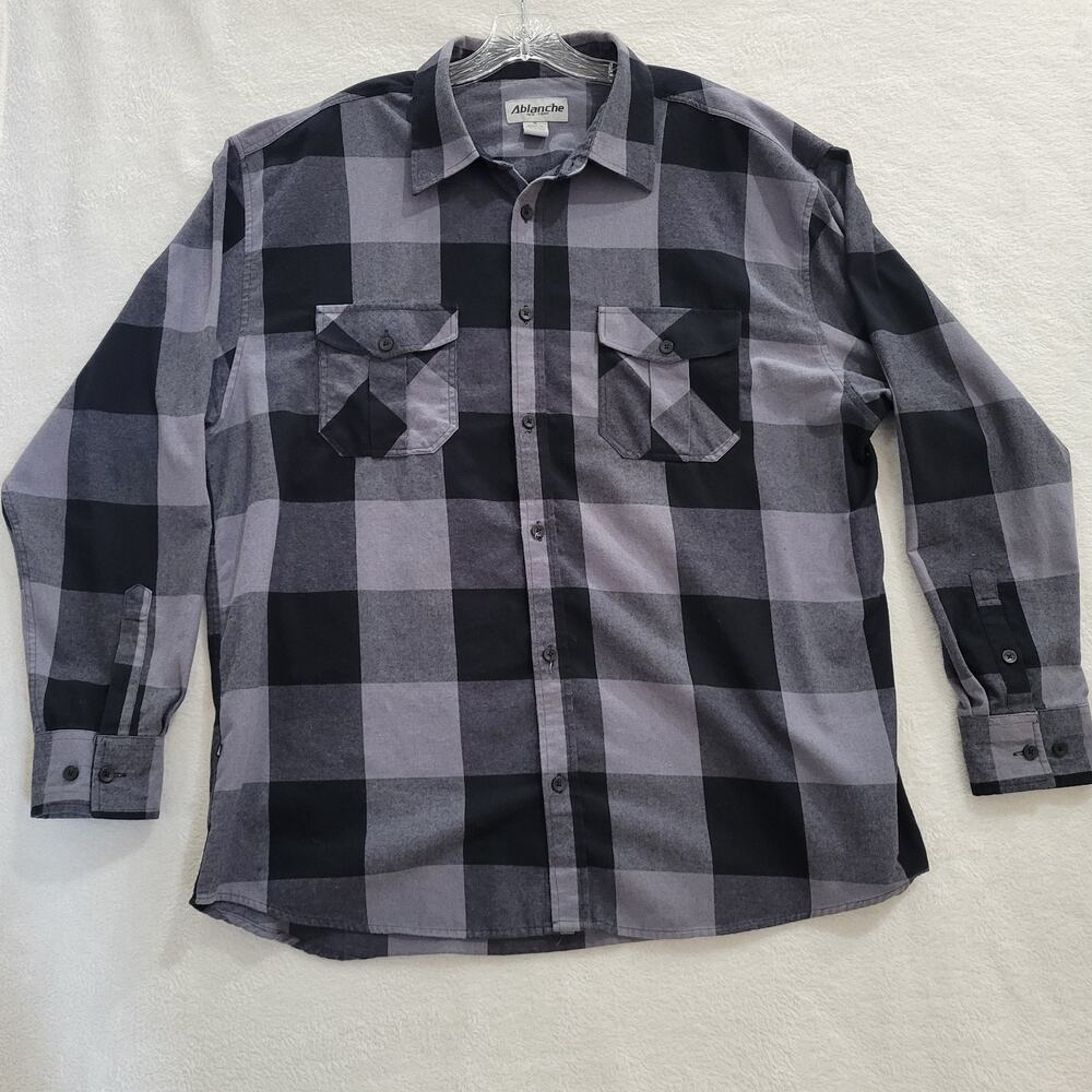 Ablanche New York Mens XL Flannel Shirt Black Gray Plaid Big Check Cotton Blend